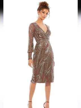 Mac Duggal Beaded Long Sleeve Surplice Midi Cocktail Dress in Mocha, Size 14